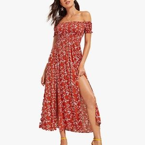 Floerns Women's Boho Floral Print Off Shoulder Split Long A Line Dress